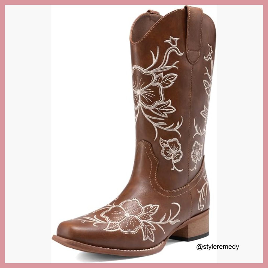 Faux Leather Western Boots With Floral Embroidery, Square Toe, Low Heel